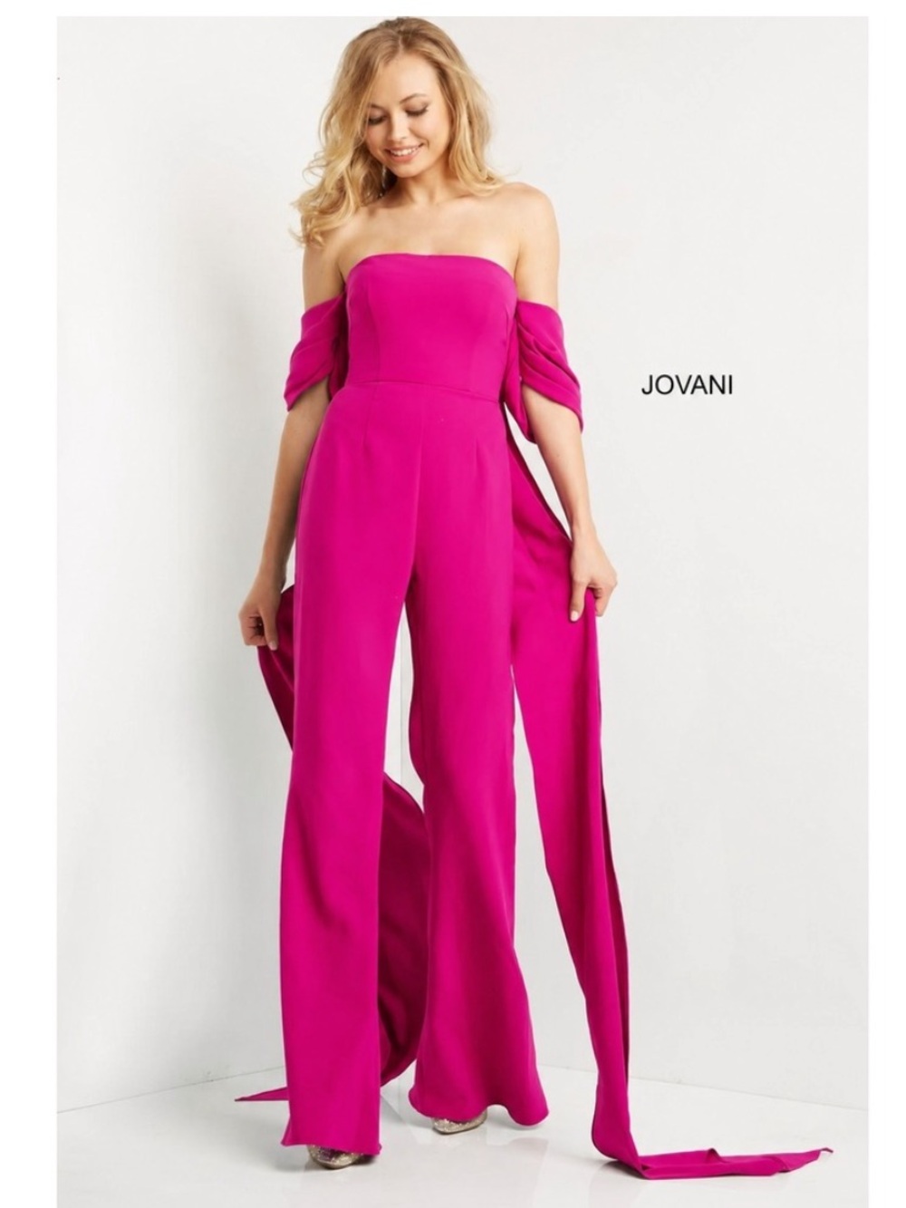 NWT Brand New Jovani hot pink Strapless Wide-Leg Jumpsuit with Draped Sleeves